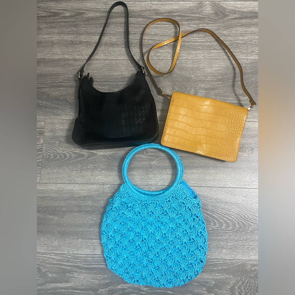 Purse Bundle of 3 Bags: Blue Woven Straw, Black Express Hobo and H&M Mustard CB